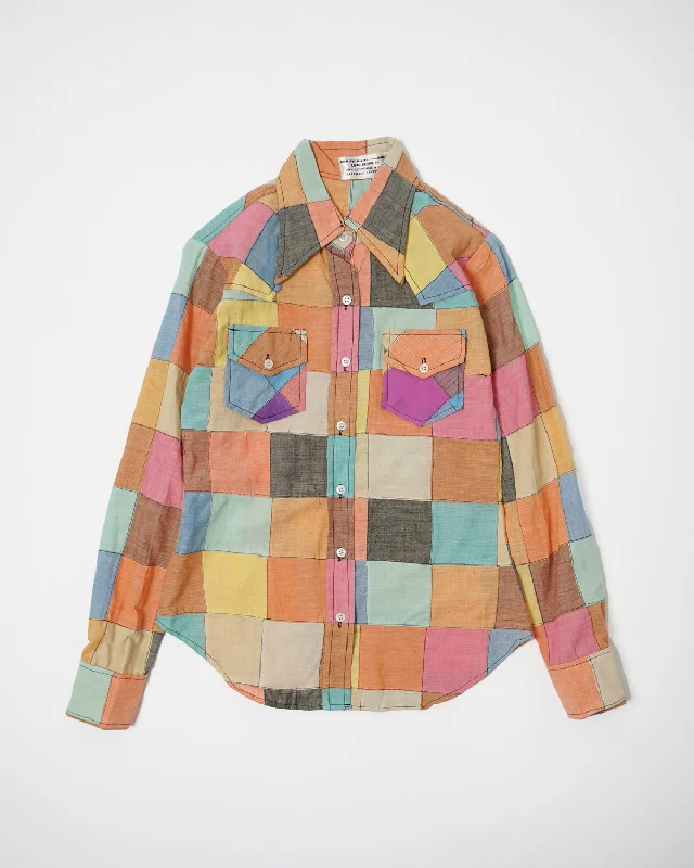 1970's Indian Madras Patchwork Shirt Chic Button-Up Short Shirt