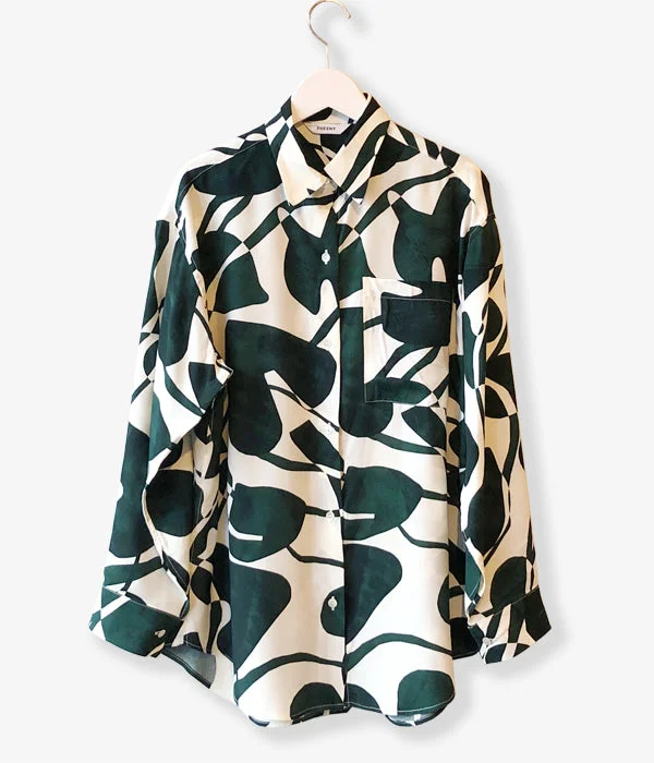 PHEENY/RAYON LEAF PRINT SHIRT(GREEN) Chic Silk Short Sleeve Shirt