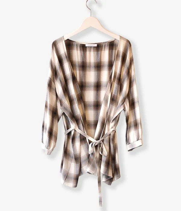 PHEENY/RAYON OMBRE CHECK CACHE-COEUR SHIRT(BROWN) Elegant Button-Down Short Shirt