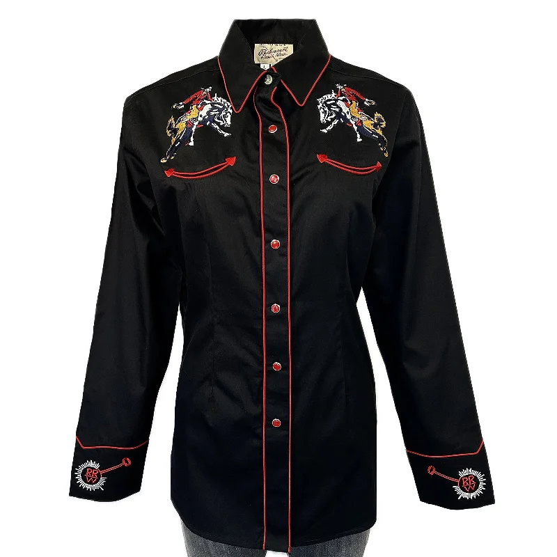 Women’s Rockmount Bronc Vintage Embroidery Western Shirt in Black Elegant Button-Down Short Shirt