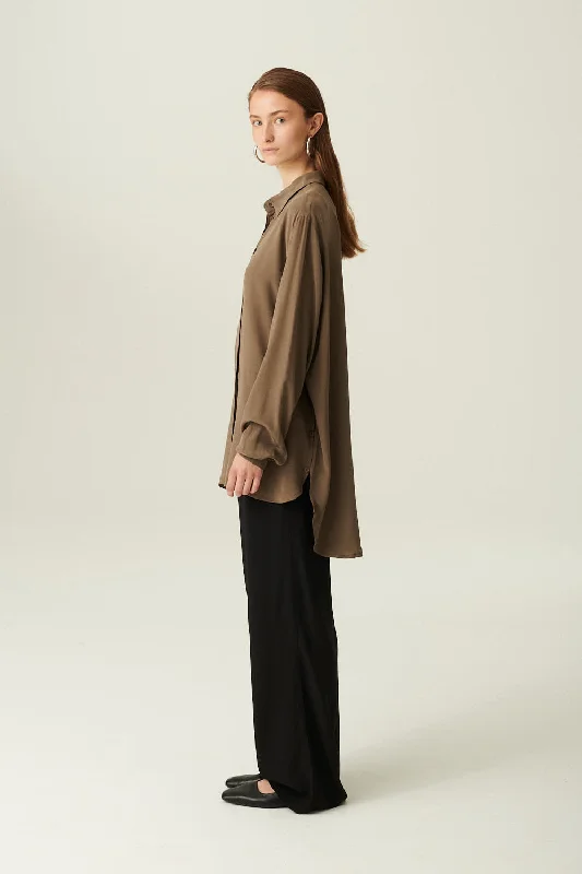 SHELBY CREPE DE CHINE SILK SHIRT WALNUT Casual Plain Short Shirt