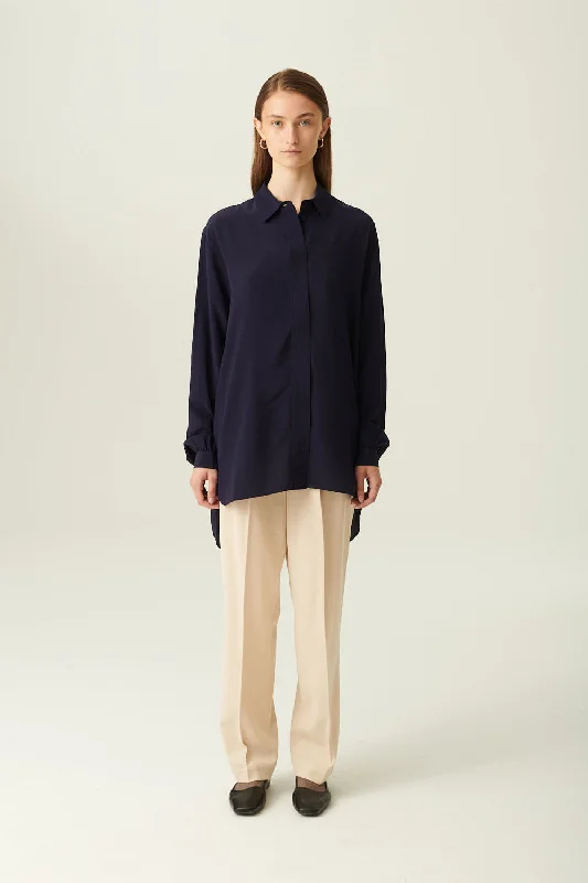 SHELBY SHIRT SILK NAVY Classic Solid Short Shirt