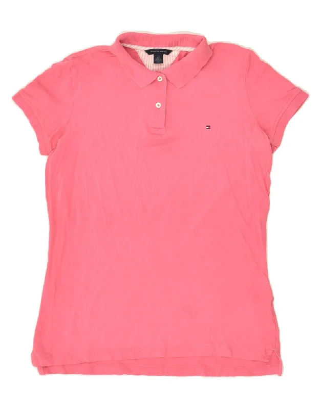 TOMMY HILFIGER Womens Polo Shirt UK 10 Small Pink Cotton Stylish Printed Short Shirt