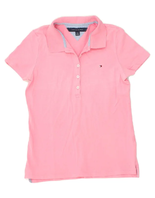 TOMMY HILFIGER Womens Polo Shirt UK 10 Small Pink Casual Ruffle Short Shirt