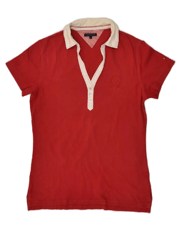 TOMMY HILFIGER Womens Polo Shirt UK 14 Large Red Relaxed Fit Short Blouse