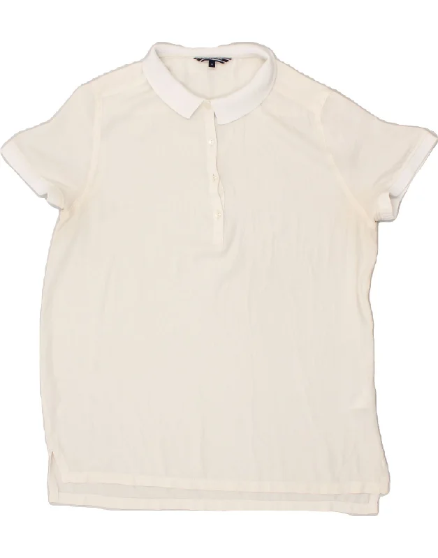 TOMMY HILFIGER Womens Polo Shirt US 10 Large White Polyester Trendy Short Sleeve Blouse