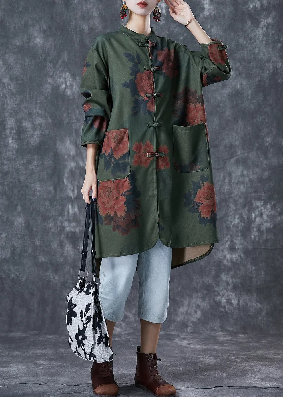 Vintage Blackish Green Print Chinese Button Linen Long Shirts Fall Stylish Pleated Short Sleeve