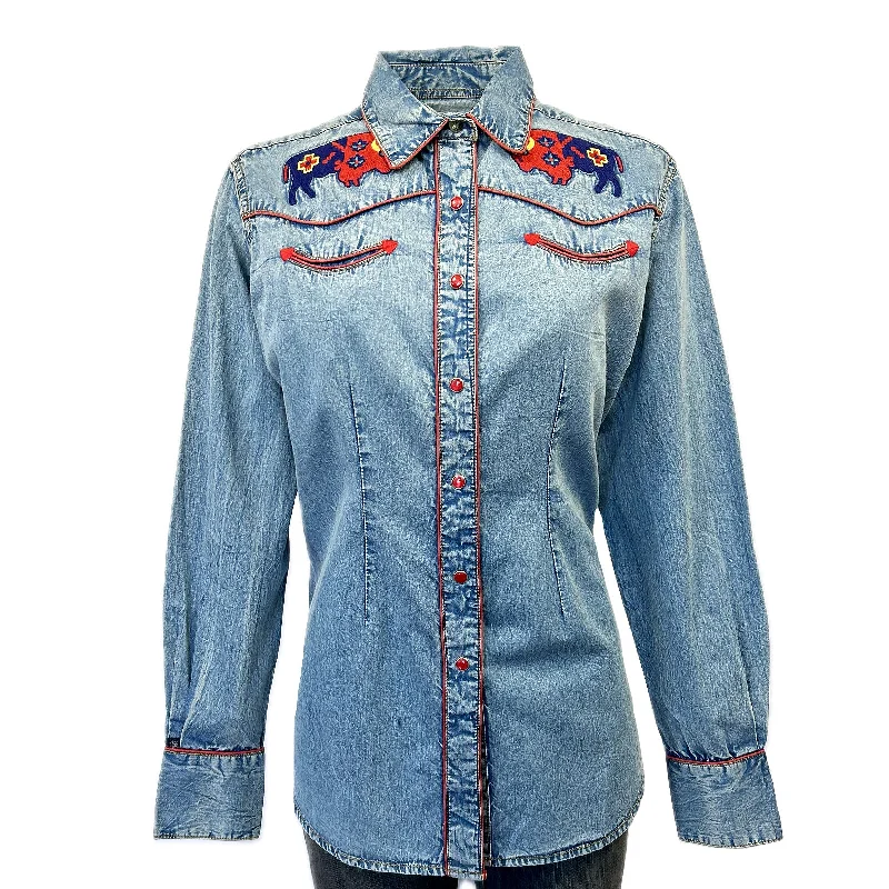 Women’s Denim American Bison Embroidered Western Shirt Classic Denim Short Sleeve