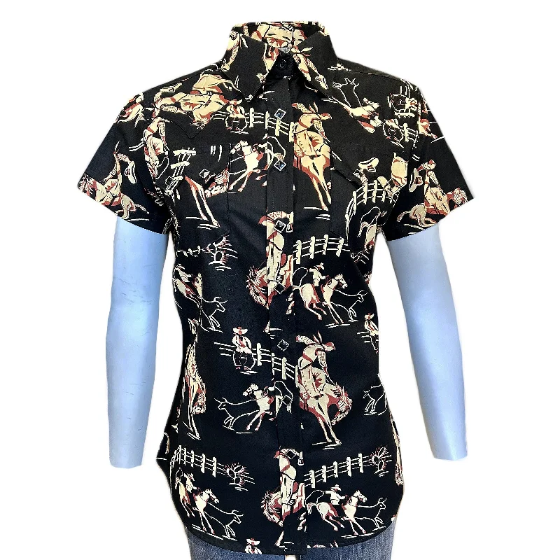 Women’s Vintage Bronc Print Short Sleeve Black Western Shirt Trendy Tie-Front Short Shirt