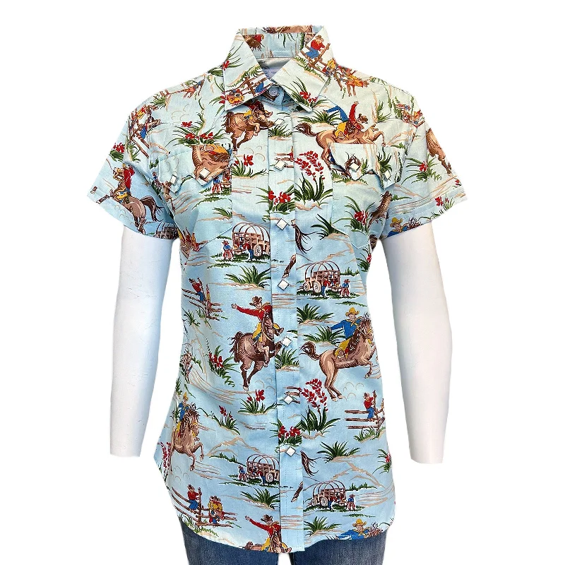 Women’s Vintage Western Print Light Blue Short Sleeve Shirt Casual Cotton Short Shirt