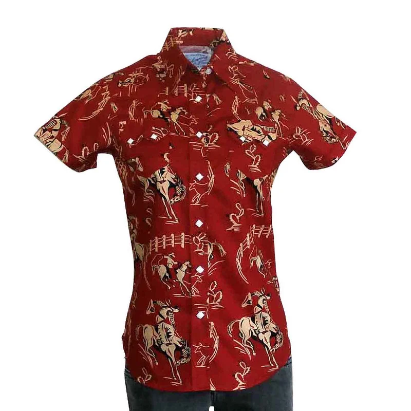 Women’s Vintage Bronc Print Short Sleeve Red Western Shirt Cozy Cotton Short Tee