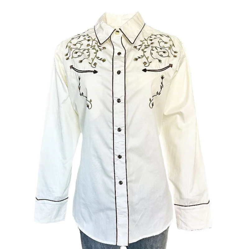 Women’s Rhinestones & Scrolls Embroidery Western Shirt in Ivory Casual Loose Short Sleeve