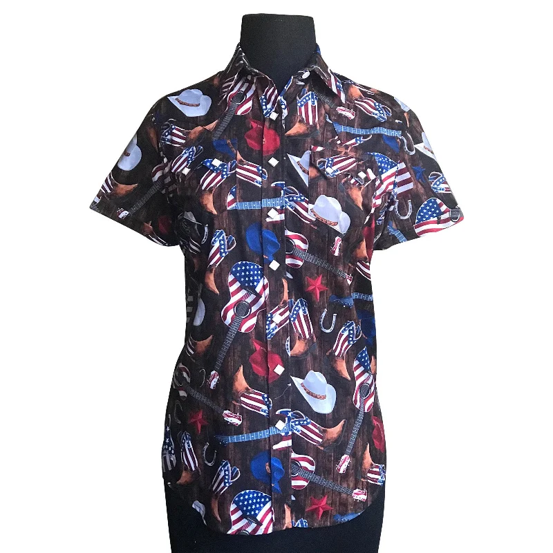 Women’s Short Sleeve Americana Print Western Shirt Trendy Sleeveless Short Shirt