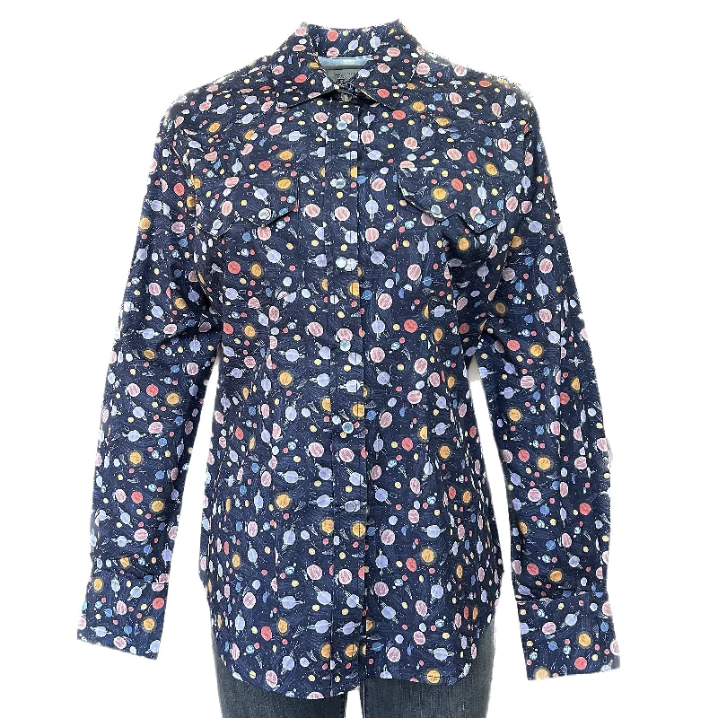 Women’s Solar System Print Western Shirt in Navy Trendy Button-Front Short Sleeve