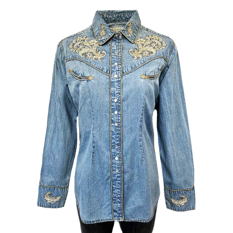 Women’s Vintage Denim Western Shirt with Floral Embroidery Classic V-Neck Short Shirt