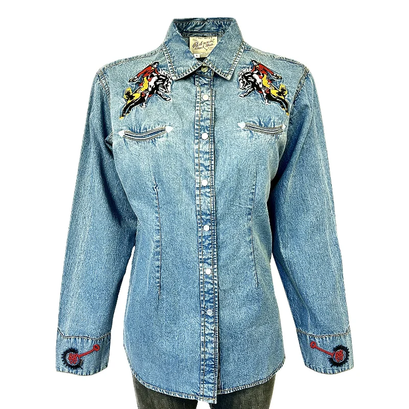 Women’s Rockmount Bronc Vintage Embroidery Western Shirt in Denim Chic V-Neck Short Blouse