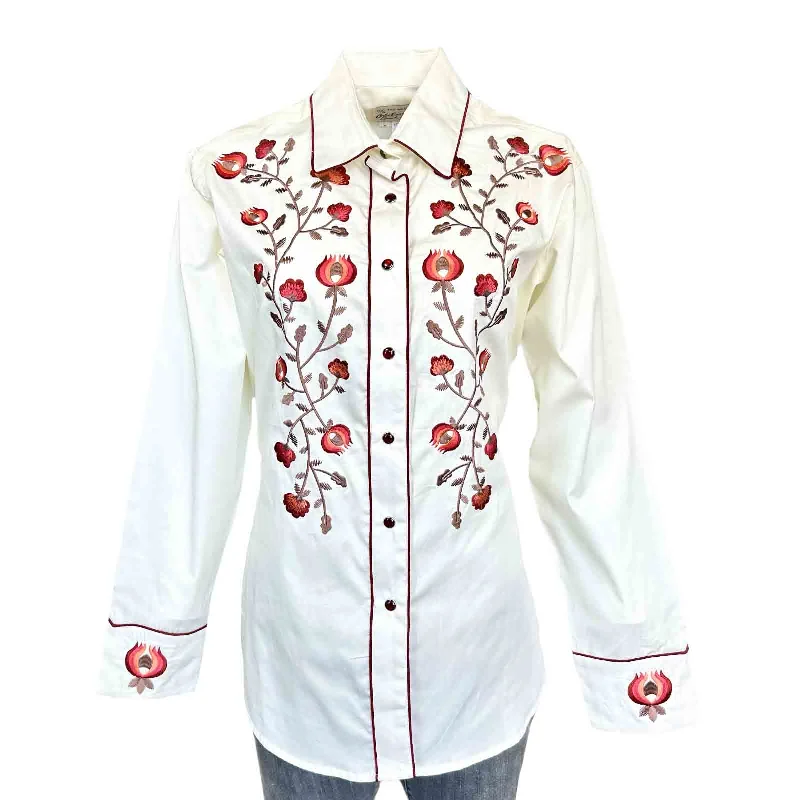 Women’s Vintage Ivory Thistle Floral Embroidery Western Shirt Casual Oversized Short Shirt