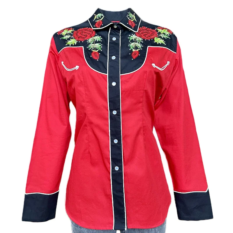 Women's Vintage 2-Tone Red Roses Embroidery Western Shirt Casual Ruffle Short Shirt