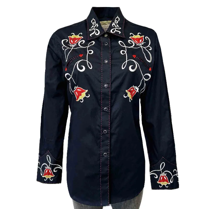 Women's Art Deco Floral Embroidery Navy Western Shirt Classic Button-Up Short Tee