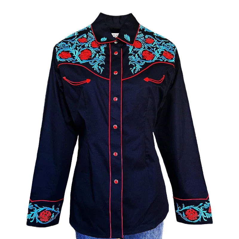 Women's Vintage Floral Embroidered Black Western Shirt Elegant Off-Shoulder Short Shirt