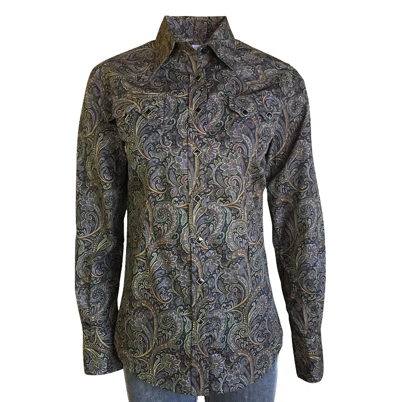 Women's Ornate Paisley Print Western Shirt in Brown Classic Basic Short Shirt