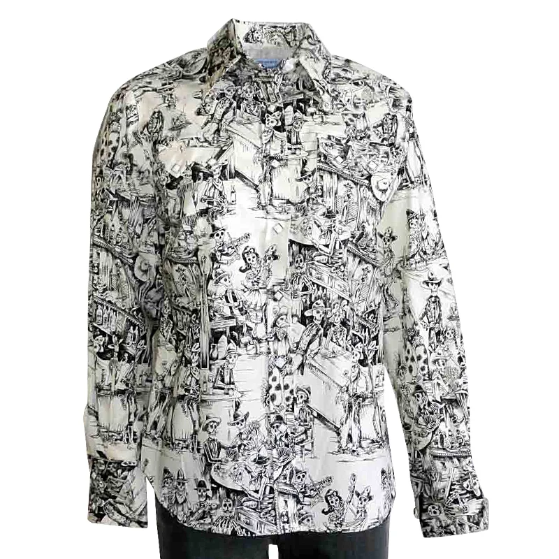 Women's Deadwood Saloon Print Western Shirt in Black & White Stylish Short Sleeve Top