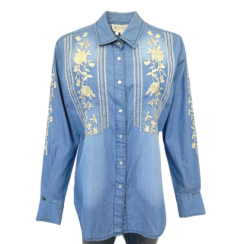 Women's Denim Boho Floral Embroidered Western Shirt Comfortable Fitted Short Sleeve