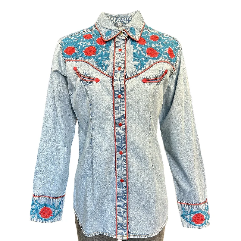 Women's Vintage Floral Embroidered Denim Western Shirt Comfortable Fitted Short Sleeve