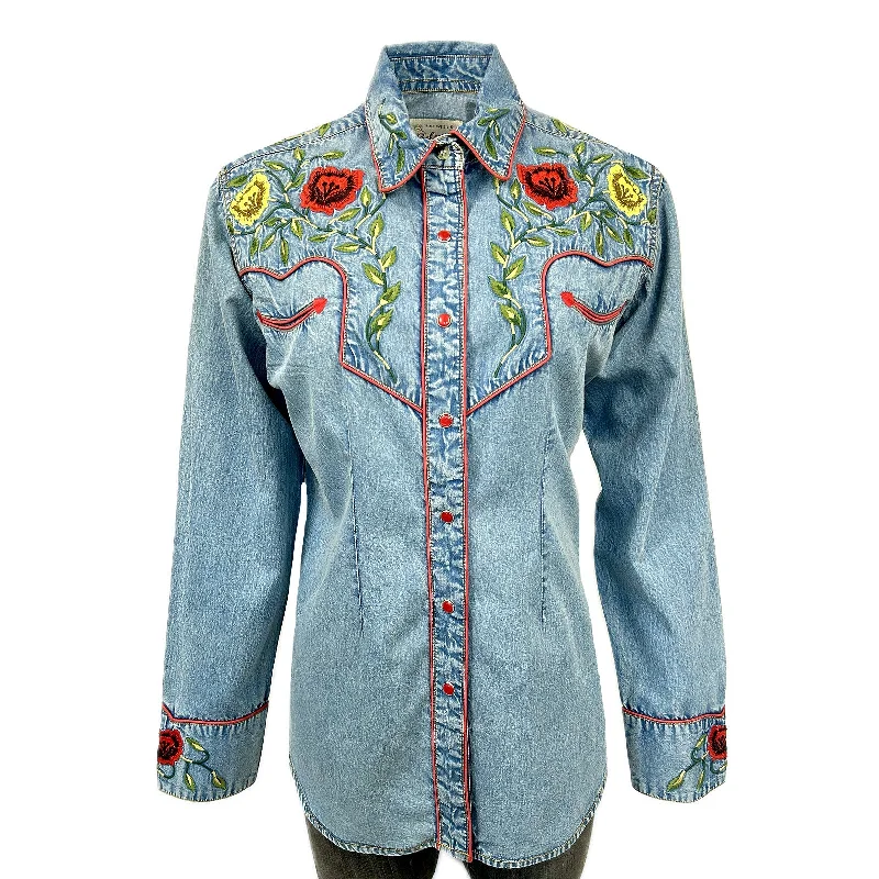 Women's Vintage Floral Denim Embroidered Western Shirt Relaxed Button-Down Short Shirt