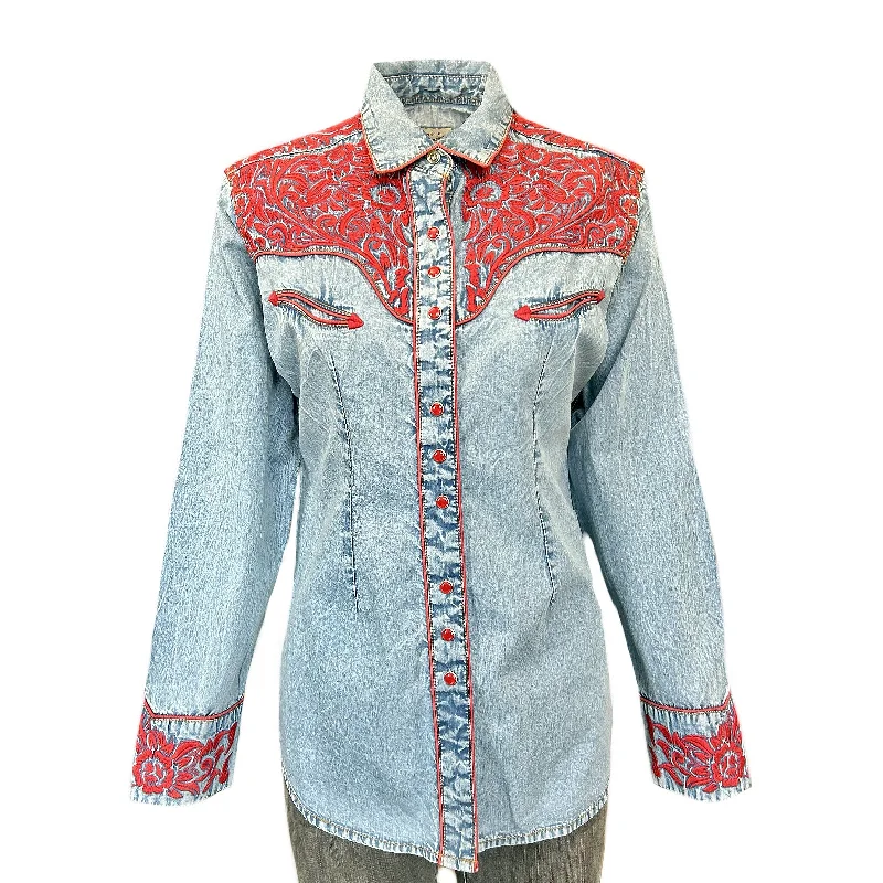 Women's Vintage Tooling Embroidery Denim & Red Western Shirt Classic V-Neck Short Shirt