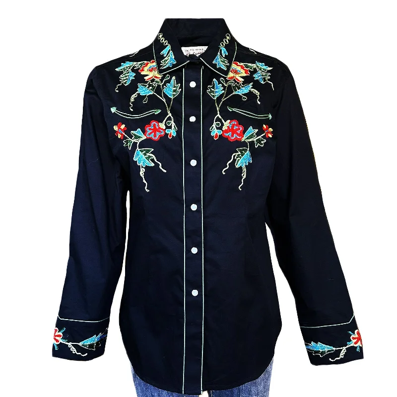 Women's Floral Embroidery Cotton Gabardine Black Western Shirt Fashionable Sheer Short Shirt