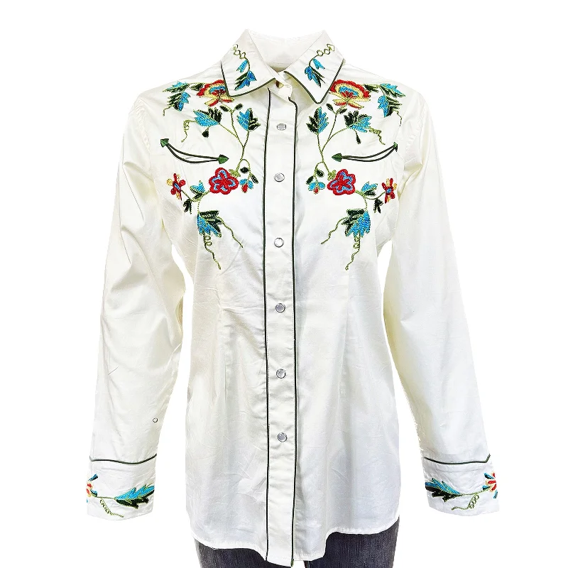 Women's Floral Embroidery Cotton Gabardine Ivory Western Shirt Cozy Plain Short Sleeve