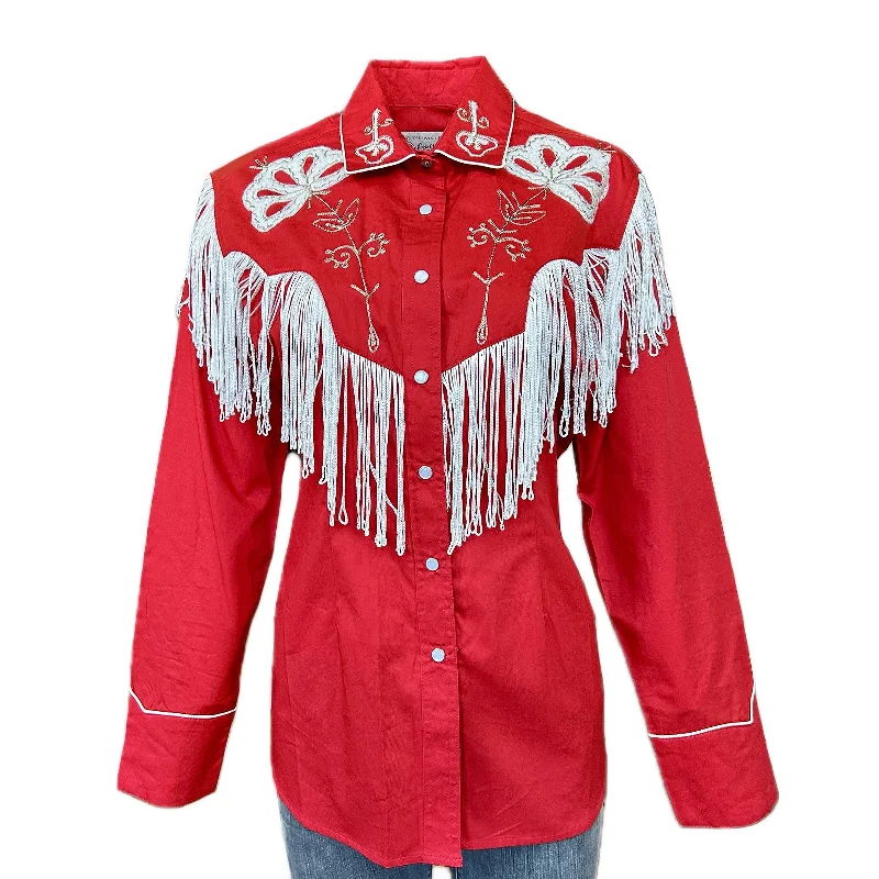 Women's Vintage Fringe Red Embroidered Western Shirt Relaxed Fit Short Sleeve Top