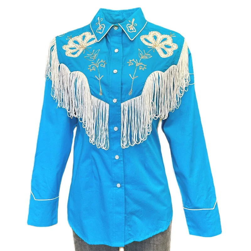 Women's Vintage Fringe Turquoise Embroidered Western Shirt Elegant Lace Short Sleeve