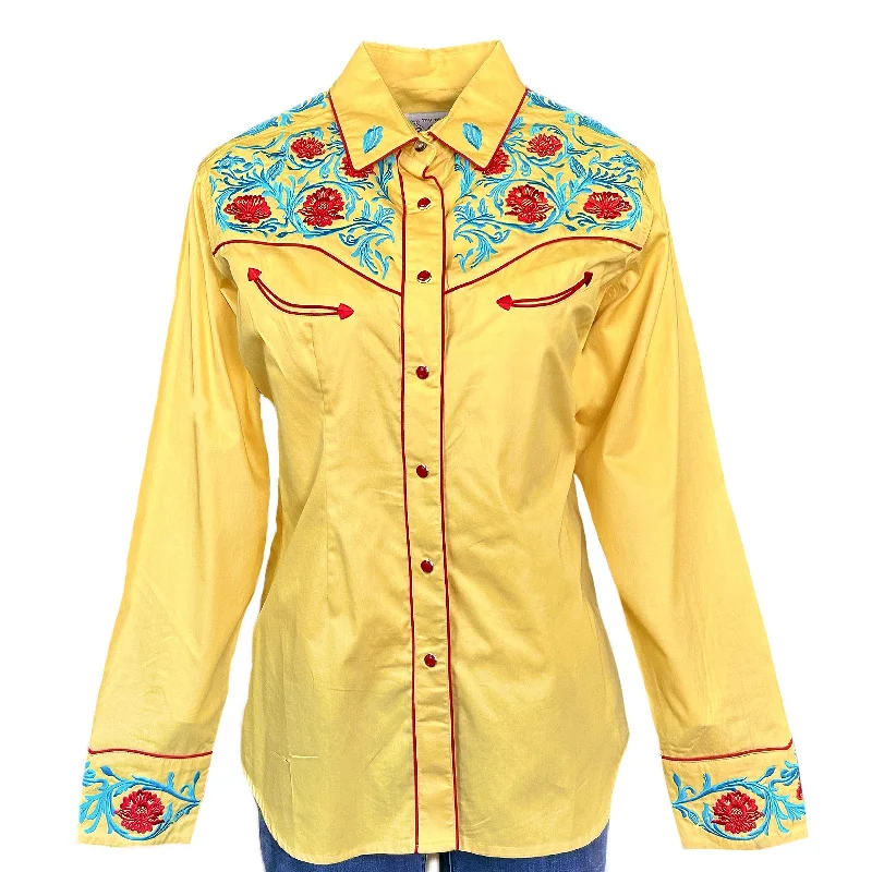 Women's Vintage Floral Embroidered Gold Western Shirt Elegant Longline Short Shirt