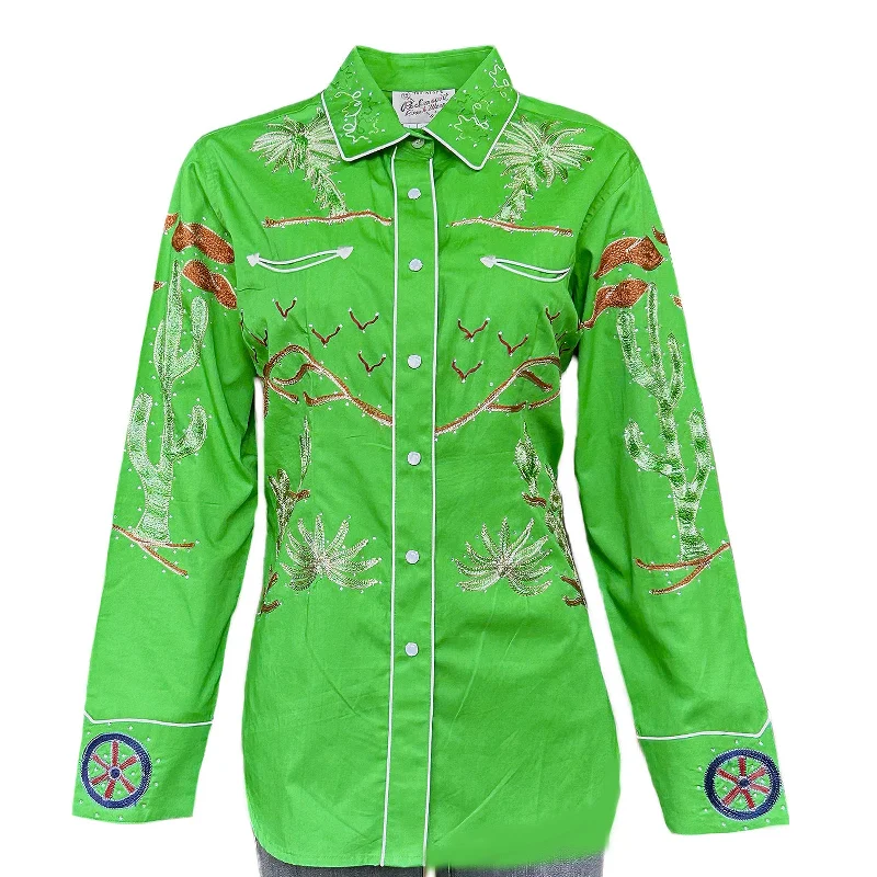 Women's Porter Wagoner Green Embroidered Western Shirt Comfortable Fitted Short Sleeve