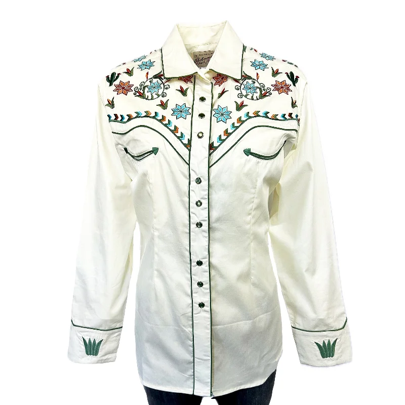 Women's Ivory Agave Cactus Floral Embroidery Western Shirt Comfortable Fitted Short Sleeve