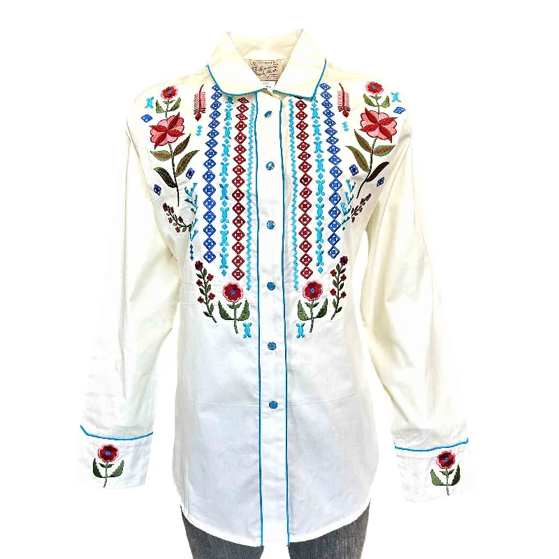 Women's Boho Serape Western Shirt with Cascading Embroidery in Ivory Trendy Button-Front Short Sleeve