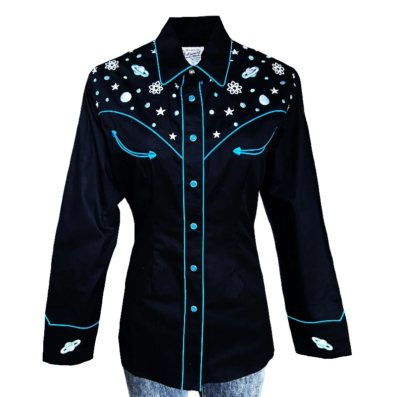 Women's Out of This World Embroidered Black Western Shirt Cozy Summer Short Shirt