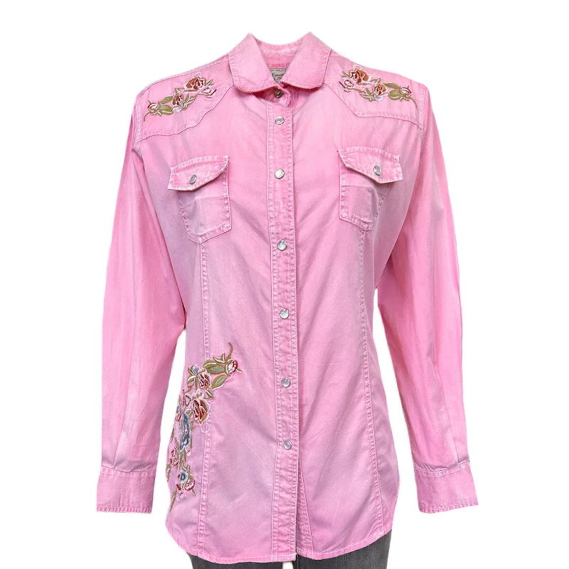 Women's Pink Floral Embroidered Western Shirt Trendy Floral Short Sleeve