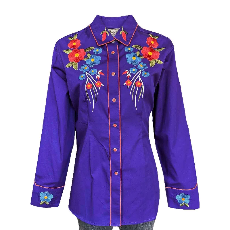 Women's Vintage Purple Floral Bouquet Embroidered Western Shirt Relaxed Cotton Short Blouse