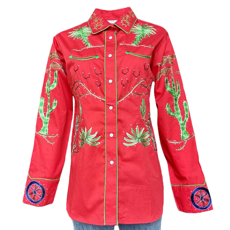 Women's Porter Wagoner Red Embroidered Western Shirt Trendy Floral Print Tee