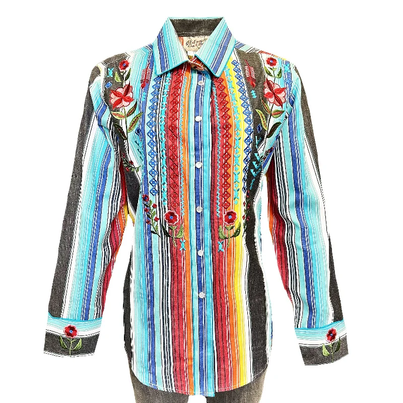 Women's Boho Serape Stripe Western Shirt with Cascading Embroidery Soft Silk Short Sleeve