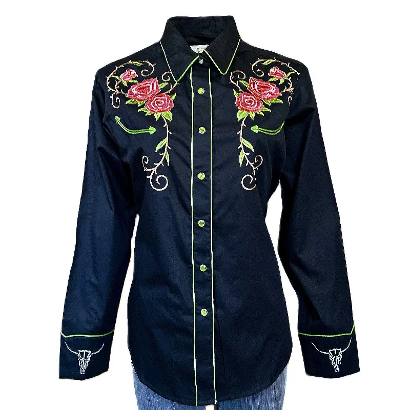 Women's Vinatge Black Steer Longhorn & Floral Embroidered Western Shirt Trendy Short Sleeve Tunic