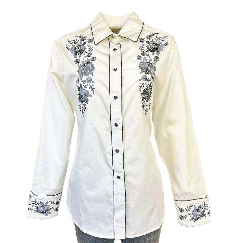 Women's Vintage Cascading Floral Embroidery Ivory Western Shirt Chic Silk Short Sleeve Shirt