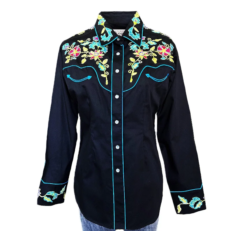 Women's Vintage Floral Bouquet Embroidered Western Shirt Casual Plain Short Shirt