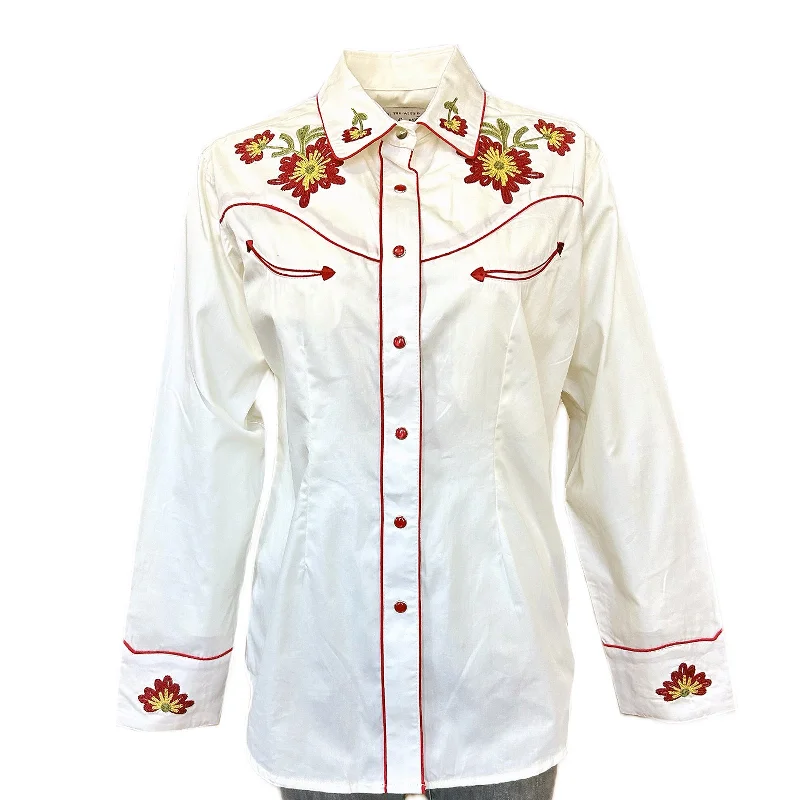 Women's Vintage Ivory Floral Embroidered Western Shirt Relaxed Button-Down Short Shirt