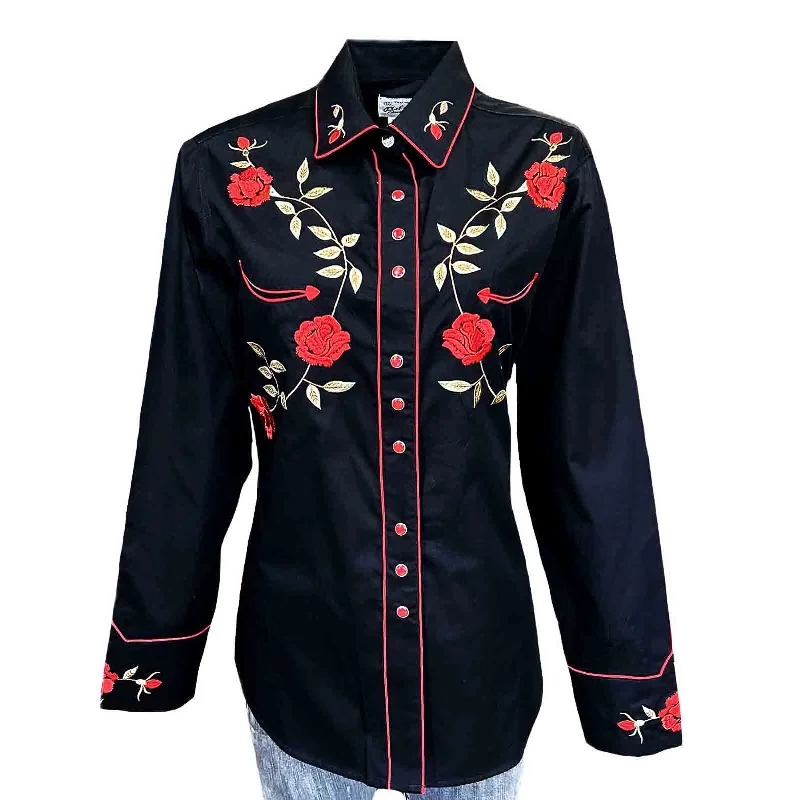 Women's Vintage Black Rose Embroidered Western Shirt Fashionable Rounded Short Shirt