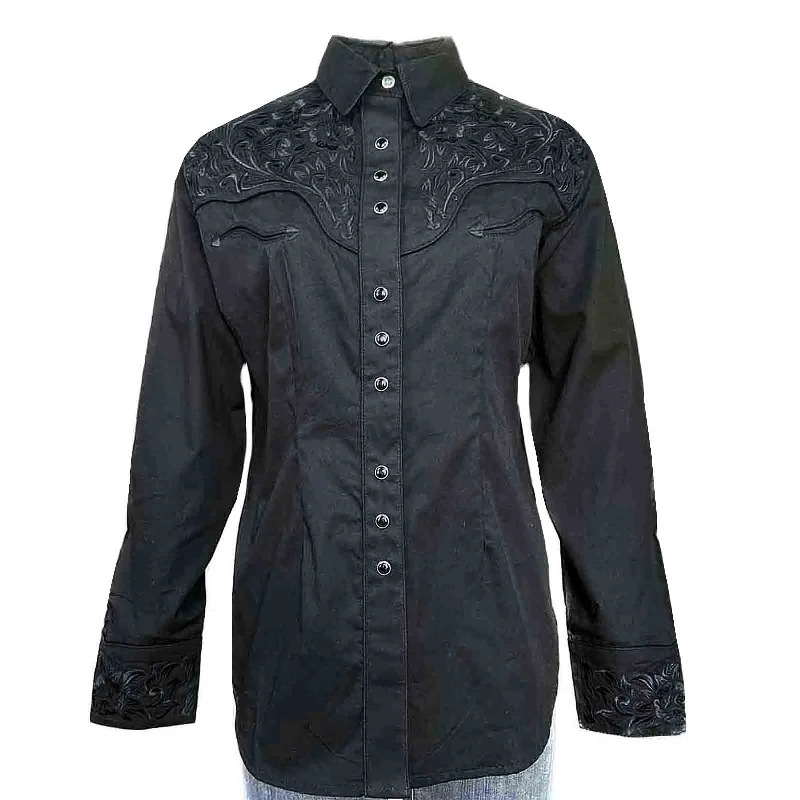 Women's Vintage Tooling Embroidery Black-on-Black Western Shirt Fashionable Short Sleeve Vest