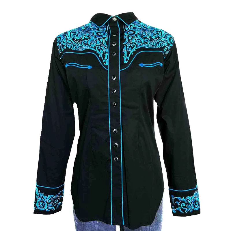 Women's Vintage Tooling Embroidery Black & Turquoise Western Shirt Trendy Turtleneck Short Shirt